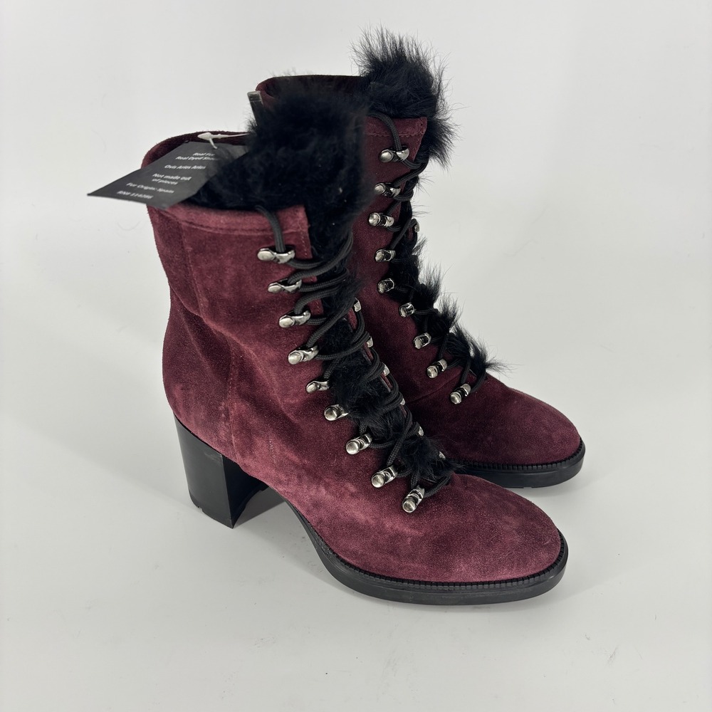 New Aquatalia Irvina Suede Shearling Lace-up Boot Oxblood Red Women Size 9 Heel